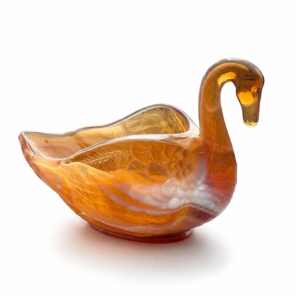 Vintage Slag Glass Swan Dish Amber White Marble